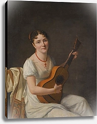 Постер Неизвестен Portrait Of A Lady, Seated In An Interior, wearing a White Dress And Playing The Guitar