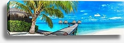 Постер Мальдивы, Мале, Панорама водных вилл на тропическом пляже