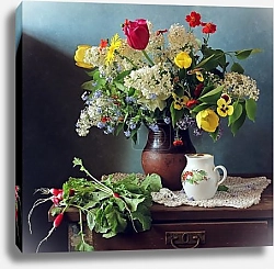 Постер Весенний натюрморт в деревенском стиле с букетом в глиняном горшке