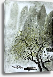 Постер fishing boats lake and mountains