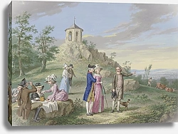 Постер Тишбейн Иоганн Gesellschaft von Damen und Herren im Freien lagernd, am Fuße eines Hügels mit einem Tempelchen, ein Führer zeigt einem jungen Paar die Landschaft