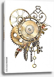 Постер Стимпанк часовой механизм с ключами и перьями