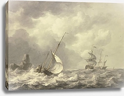 Постер Шуман Мартин Три корабля и лодка вправо, четвертая лодка попала в прибой скалы.