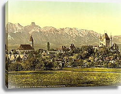 Постер Швейцария. Церковь и замок Тун. Хребет Штокхорнкетте