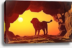 Постер Силуэт льва в пещере на фоне заката 