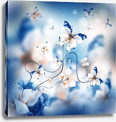 Постер Бело-голубые бабочки и цветы