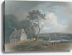 Постер Лапорте Джордж Утренняя сцена на реке с фигурами возле коттеджа