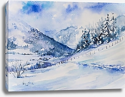 Постер Зимние горы, пейзаж с деревьями и дорогой в долину.