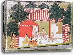 Постер Школа: Индийская 18в A prince trying to pull a lady into his tent; a maid and friends look on in surprise, c.1760