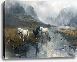 Постер Three horses in the misty mountains