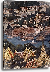 Постер Школа: Тайская View of Bangkok Royal Palace, the Chao Phraya River and Tonburi, showing wooden Thai houses and brick and stucco Chinese dwellings, 1864