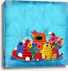 Постер Большой синий полосатый кот с цветами