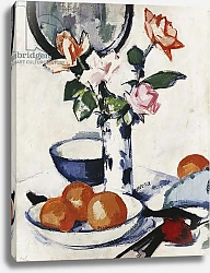 Постер Пеплой Самуэль Pink and Tangerine Roses in a Blue and White Beaker Vase with Oranges in a Bowl and a Black Fan, c. 1924