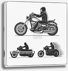 Постер Set of motorcycles. Emblems of bikers club. Vintage style. Monochrome design