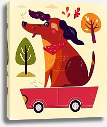 Постер Иллюстрация с забавной собакой, сидящей на красной машинке