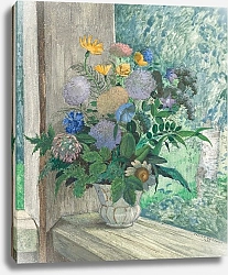 Постер Чехонин Сергей Натюрморт с хризантемами, колокольчиками, васильками и маргаритками в белой вазе