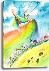 Постер Весна с волосами-радугой качается над деревней на качелях