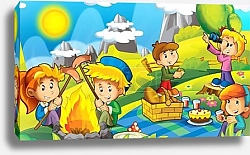 Постер cartoon autumn nature background in the mountains with space for text - illustration for children