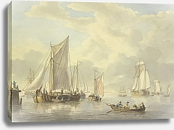 Постер Шуман Мартин Спокойное море с множеством кораблей, впереди лодка с тремя гребцами и женщиной