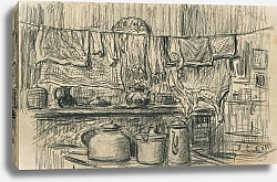 Постер Мигем Юджин Ван Een tafel waarop potten en een kan staat en daarboven hangt de was te drogen.