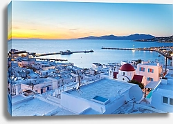 Постер Греция, Микинос. Вид на белые дома и море