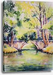 Постер Пейзаж с мостом через пруд и деревьями