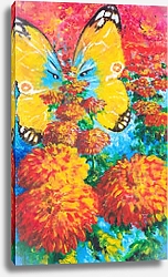 Постер Желтая бабочка в саду красных цветов