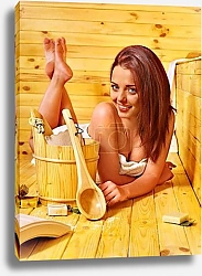Постер Девушка с деревянным ведёрком в сауне