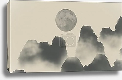 Постер Китайский акварельный пейзаж с горами и луной