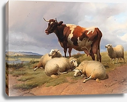 Постер Купер Томас Сидни Крупный рогатый скот и овцы на лугу посреди обширного ландшафта