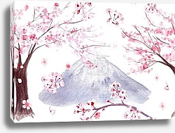 Постер Японский пейзаж с сакурой и горой