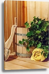 Постер Interior details Finnish sauna steam room bathhouse with traditional sauna accessories basin birch broom scoop towel