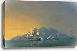 Постер Шетки Джон The 18-gun sloop HMS Stork engaging the French brig Cygne and two armed schooners anchored off the Pearl Rock, Martinique, on 12 December 1808
