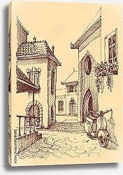 Постер Узкая улица старого города с мотороллером