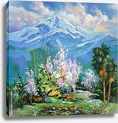 Постер Цветущая айва на фоне снежных вершин