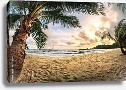 Постер Тропический пляж на закате, рай песка и пальм