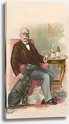 Постер Шиле Генри Пожилой джентльмен сидит в кресле с бокалом напитка в руках, а рядом с ним сидит черная собака.
