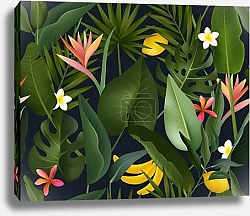 Постер Черные и зеленые листья с небольшими белыми цветами на светло-желтом фоне