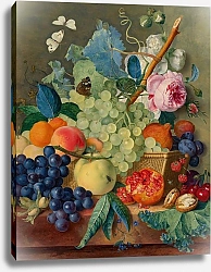 Постер Хейсум Ян Fruit, roses and peonies in a basket with hazelnuts on a marble ledge