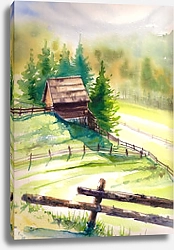 Постер Деревянный домик в горах, акварель