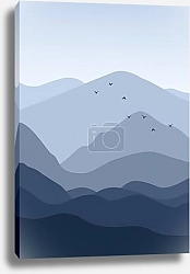 Постер Aesthetic minimalist blue mountains with flying birds landscape