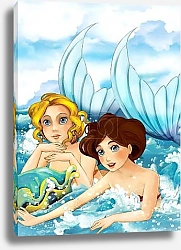Постер couple of mermaids swimming with big shell