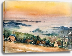 Постер Пейзаж с туманом над деревней и восходящим солнцем