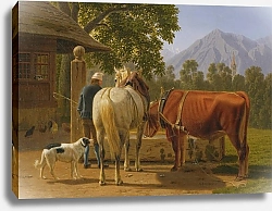 Постер Бидерманн Йоханн Лошадь И Корова У Колодца, На Заднем Плане Горный Пик Нисен