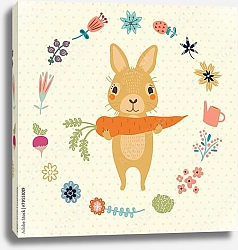 Постер Симпатичный кролик с морковкой в цветочном венке