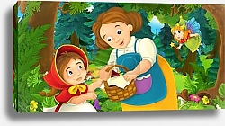 Постер cartoon scene with young girl and happy dog in the forest going somewhere and fairy flying over - illustration for children