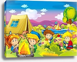 Постер cartoon autumn nature background near the lake in the mountains kids having camping with space for text - illustration for children