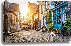 Постер Франция. Улица в деревушке с котом на переднем плане