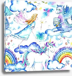 Постер Seamless pattern of a unicorn,dragon,fairy,stars,clouds and rainbow.Sketch.Watercolor hand drawn illustration.White background.