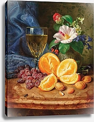 Постер Лауэр Йозеф Still Life with Oranges, a Wine Glass and Camellias in a Vase